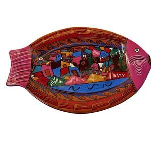 Vintage Mexican Folk Art Wall Hanging Fish Plate Terracotta. 15”x 10”